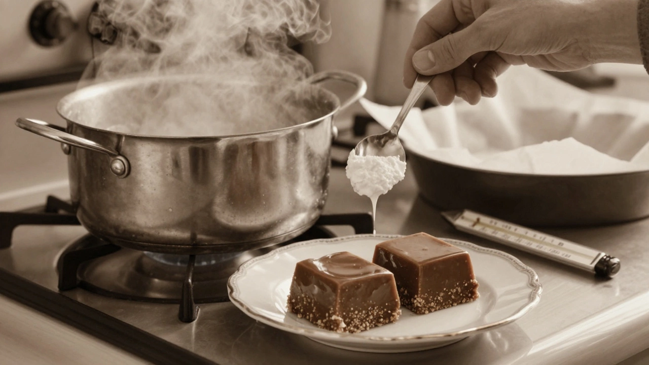 Vintage kitchen scene showing cream of tartar being added to fudge mixture