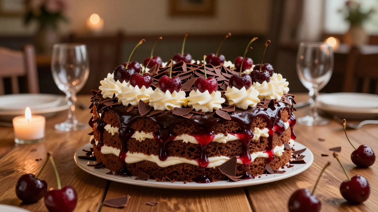 A Black Forest cake with chocolate layers, whipped cream, and cherries.