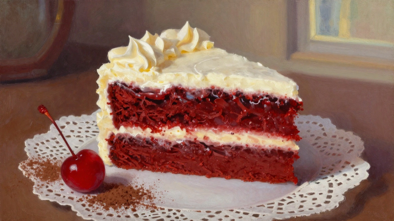A slice of red velvet cake with creamy frosting and a single cherry on top.