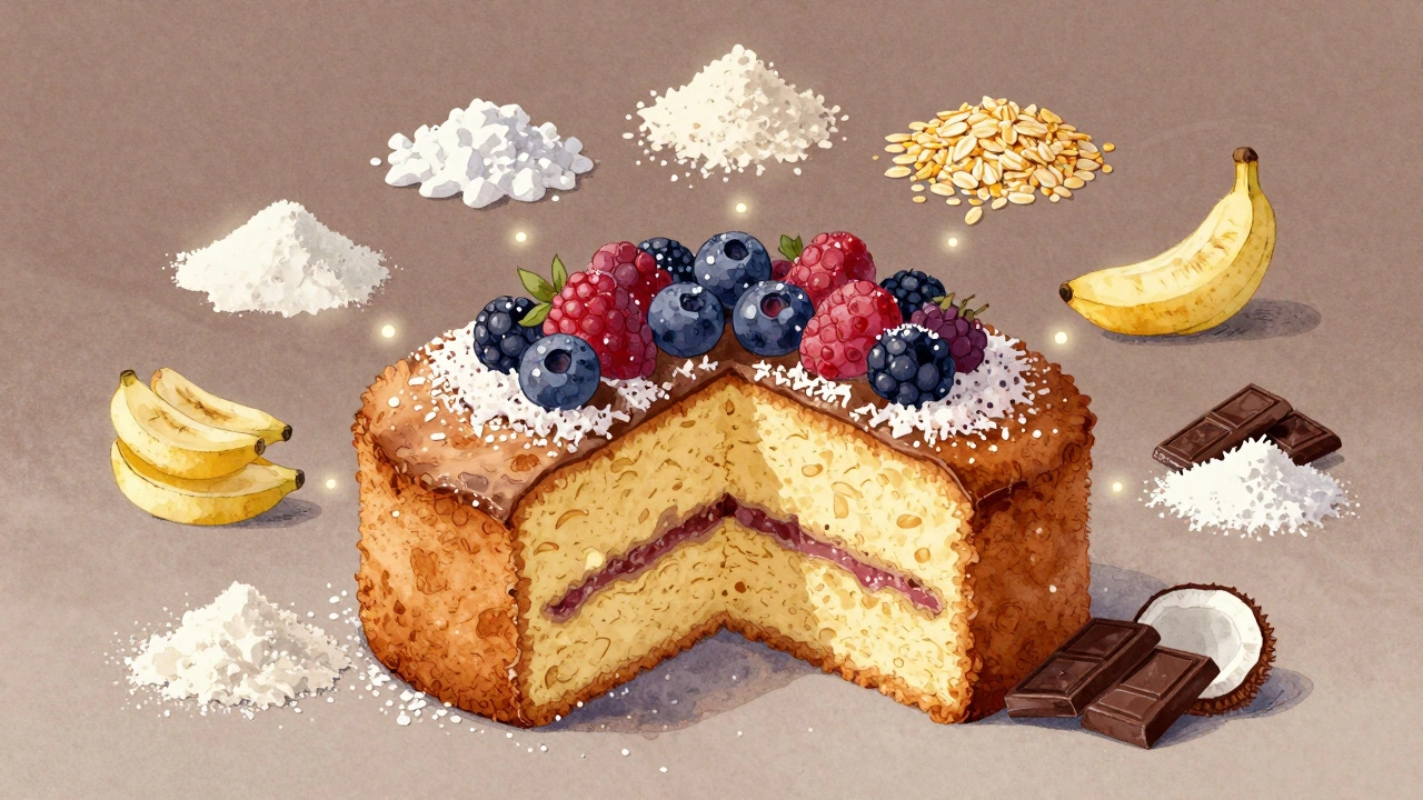 A sliced gluten-free cake with berries and coconut, surrounded by floating representations of its key ingredients.