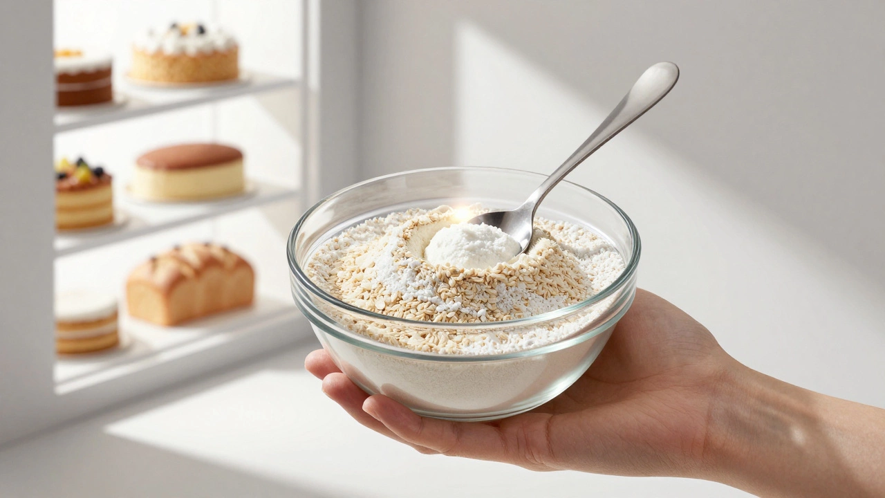 A transparent bowl showing a swirling blend of gluten-free flours with xanthan gum at the center, glowing softly.