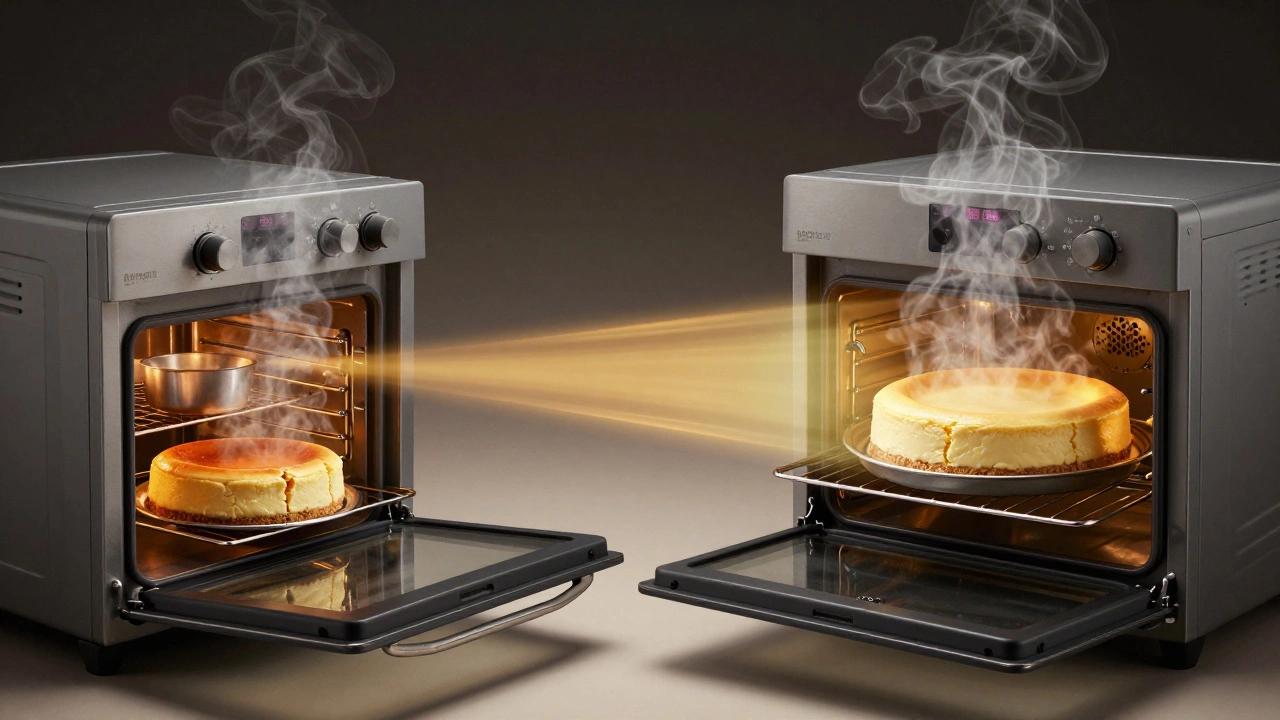 Conceptual split image: chaotic oven with cracked cake versus calm water bath baking a flawless cheesecake.