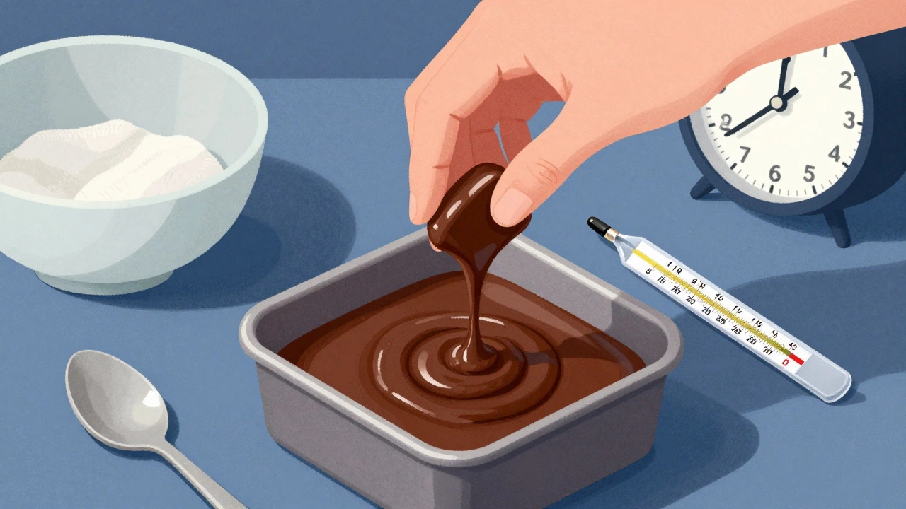 Fudge being poured into a pan after cooling to 110°F, with no stirring tools in view.