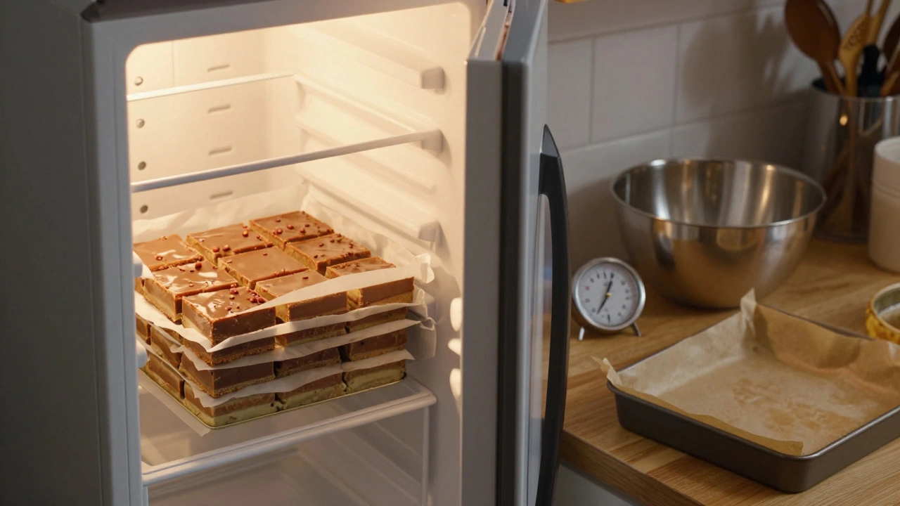 Fudge squares stored in a decorative tin inside a fridge, with a candy thermometer visible on the counter.