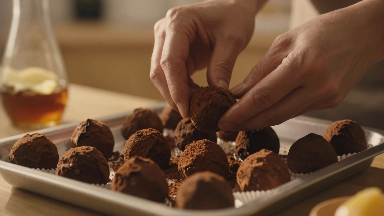Hands mixing ingredients to make vegan chocolate truffles.