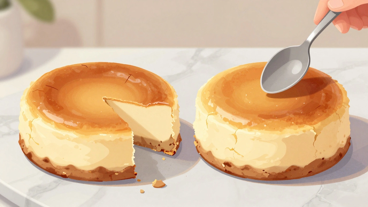 Side-by-side comparison of a cracked cheesecake and a smooth, glossy one on a marble surface.