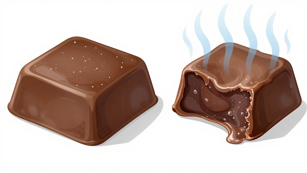 Side-by-side comparison of perfectly set fridge-chilled fudge versus grainy freezer-chilled fudge.