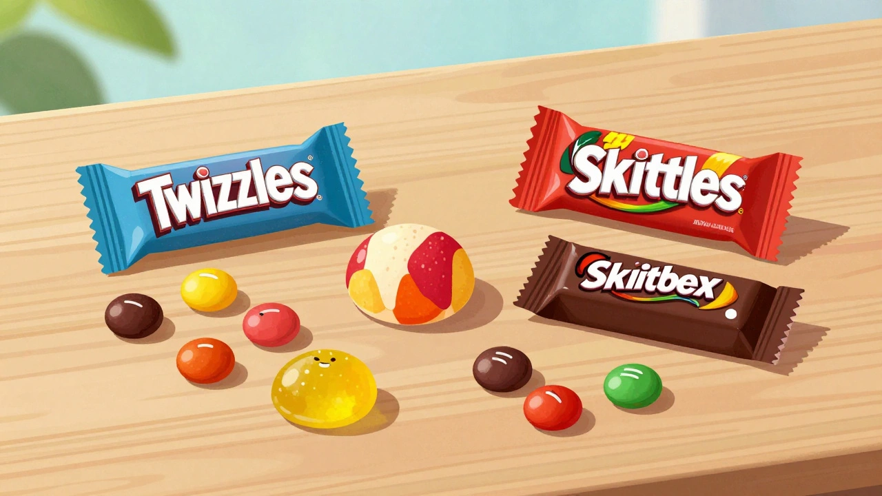 Vibrant display of Twizzlers, Skittles, and Cadbury Plant Bar candies.