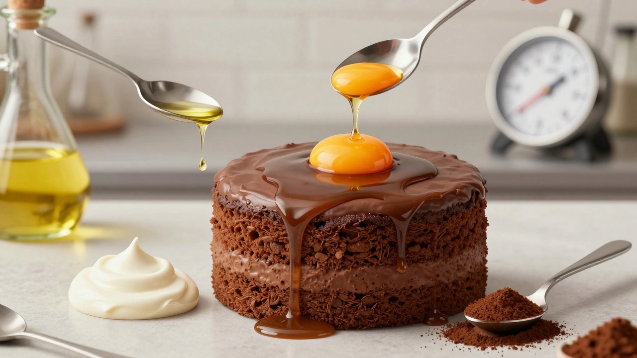 A chocolate cake with coffee and sour cream ingredients floating around it, highlighting moisture-enhancing elements.