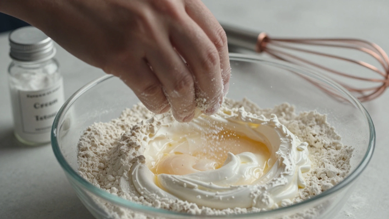 A hand gently folding flour into whipped egg whites, with sugar crystals and cream of tartar nearby.
