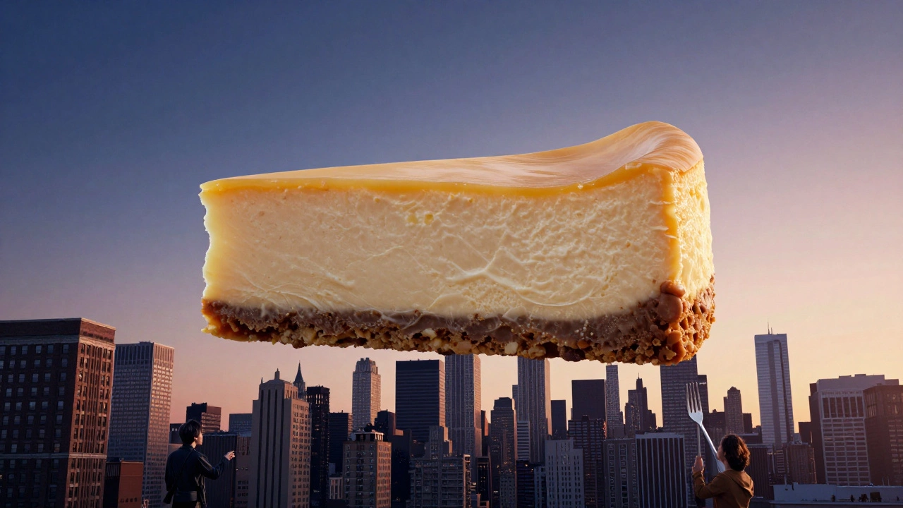 A massive New York cheesecake floating above a city skyline at dawn.