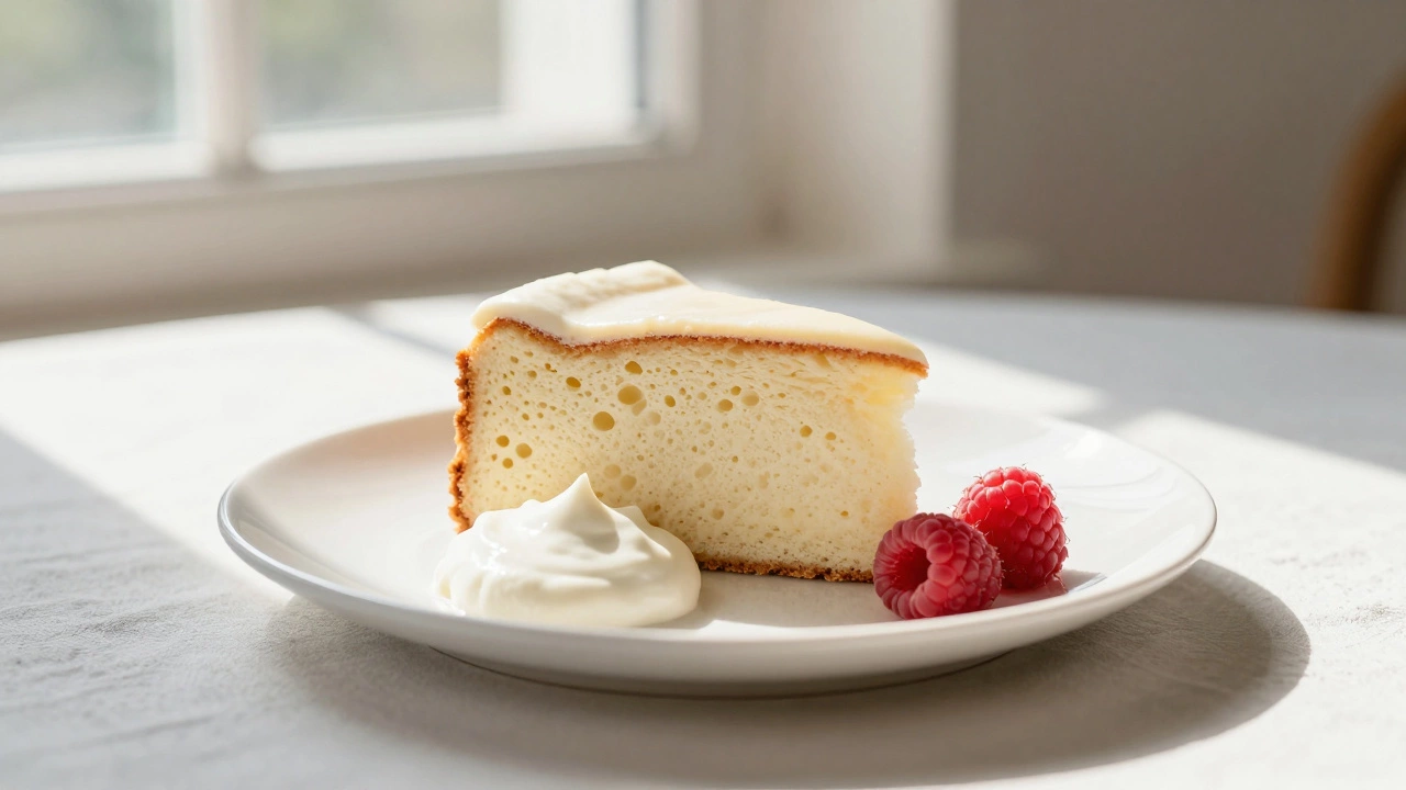 A slice of angel cake with whipped cream and raspberries on a porcelain plate, showing its airy texture.