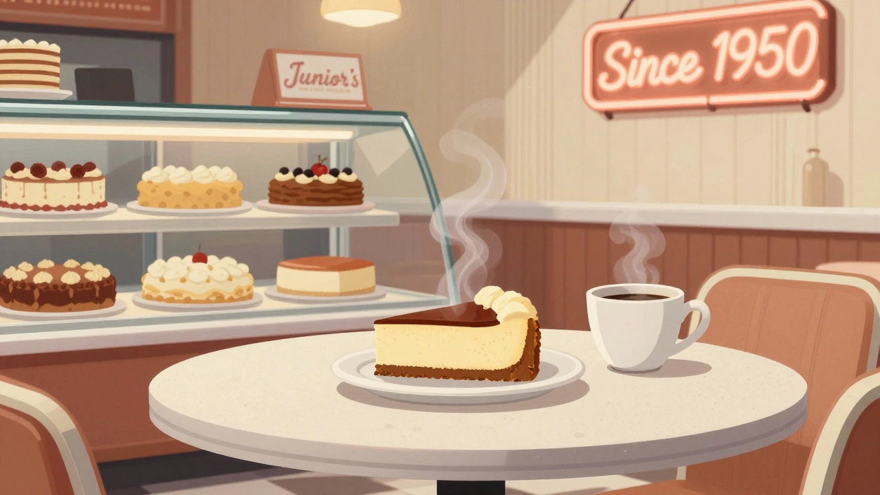 A vintage Brooklyn diner counter with a slice of New York cheesecake and coffee.