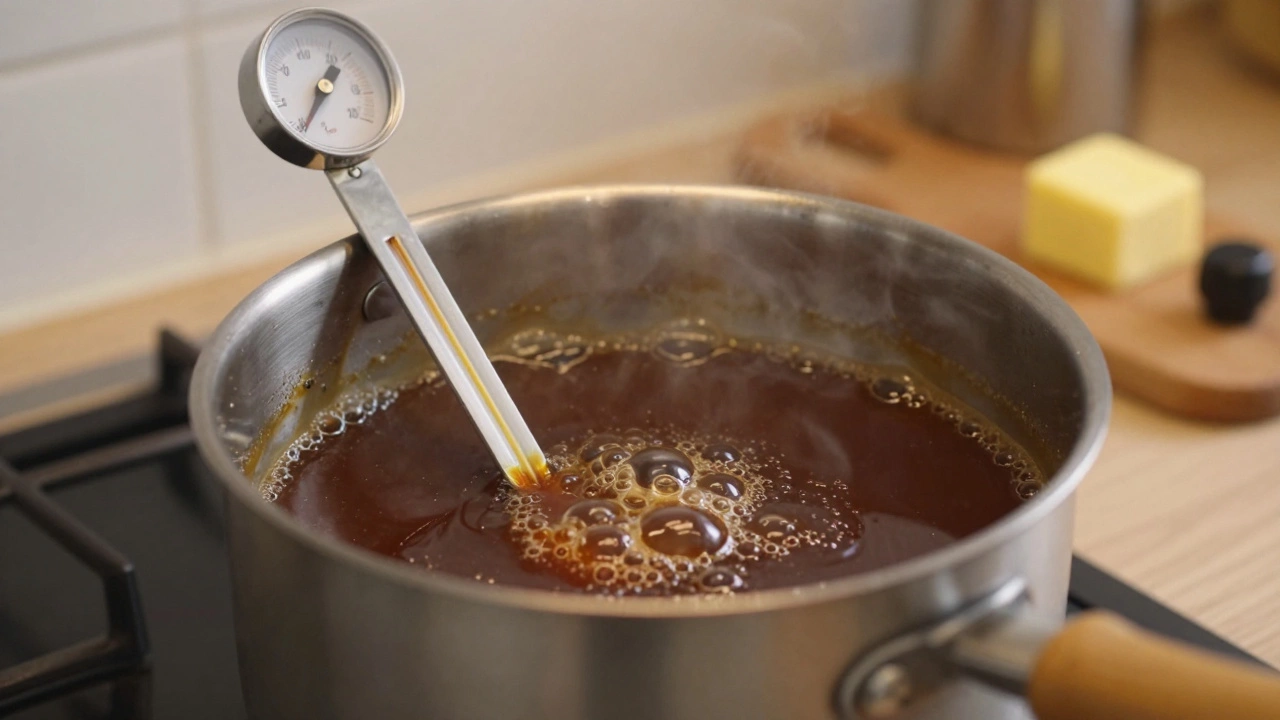 Bubbling caramel syrup in pot with thermometer