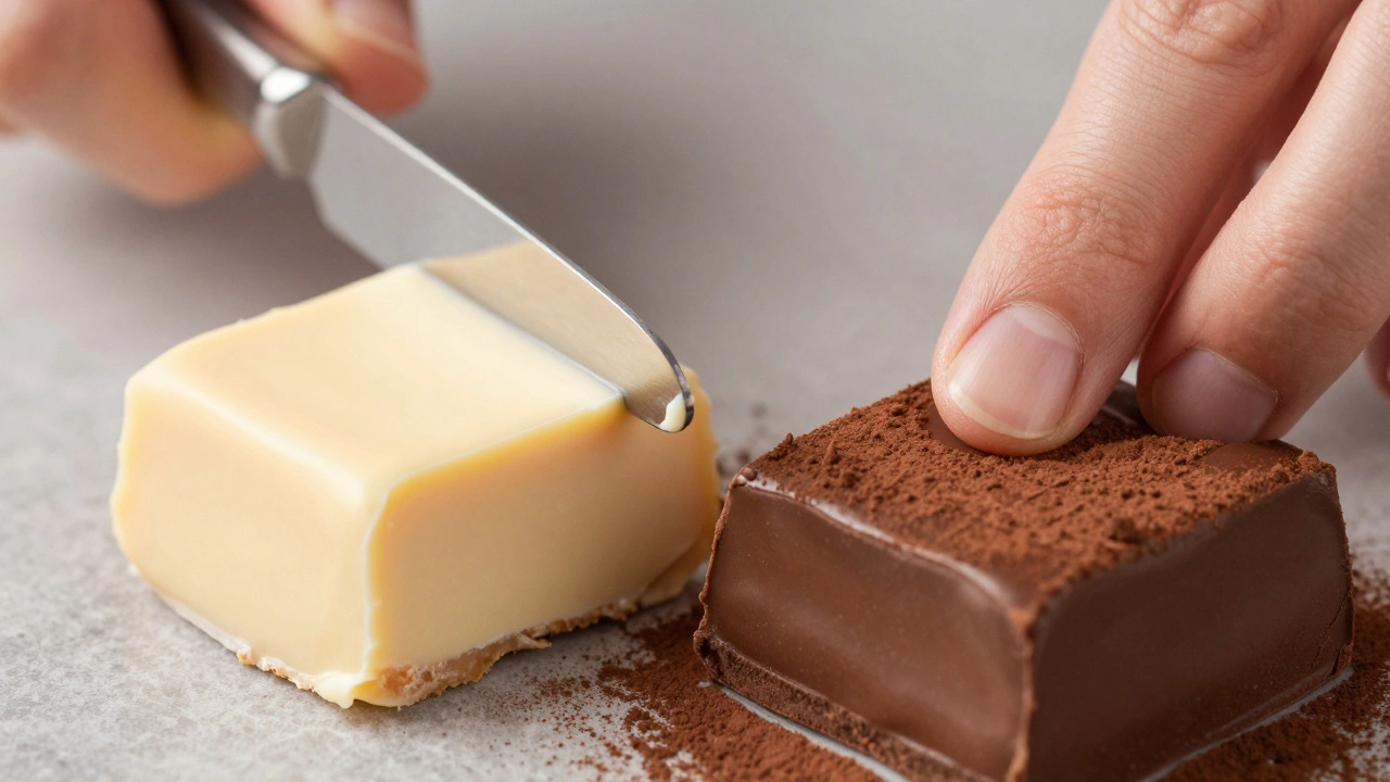 Close-up of hands cutting vanilla fudge and pressing chocolate fudge, showing texture differences in detail.