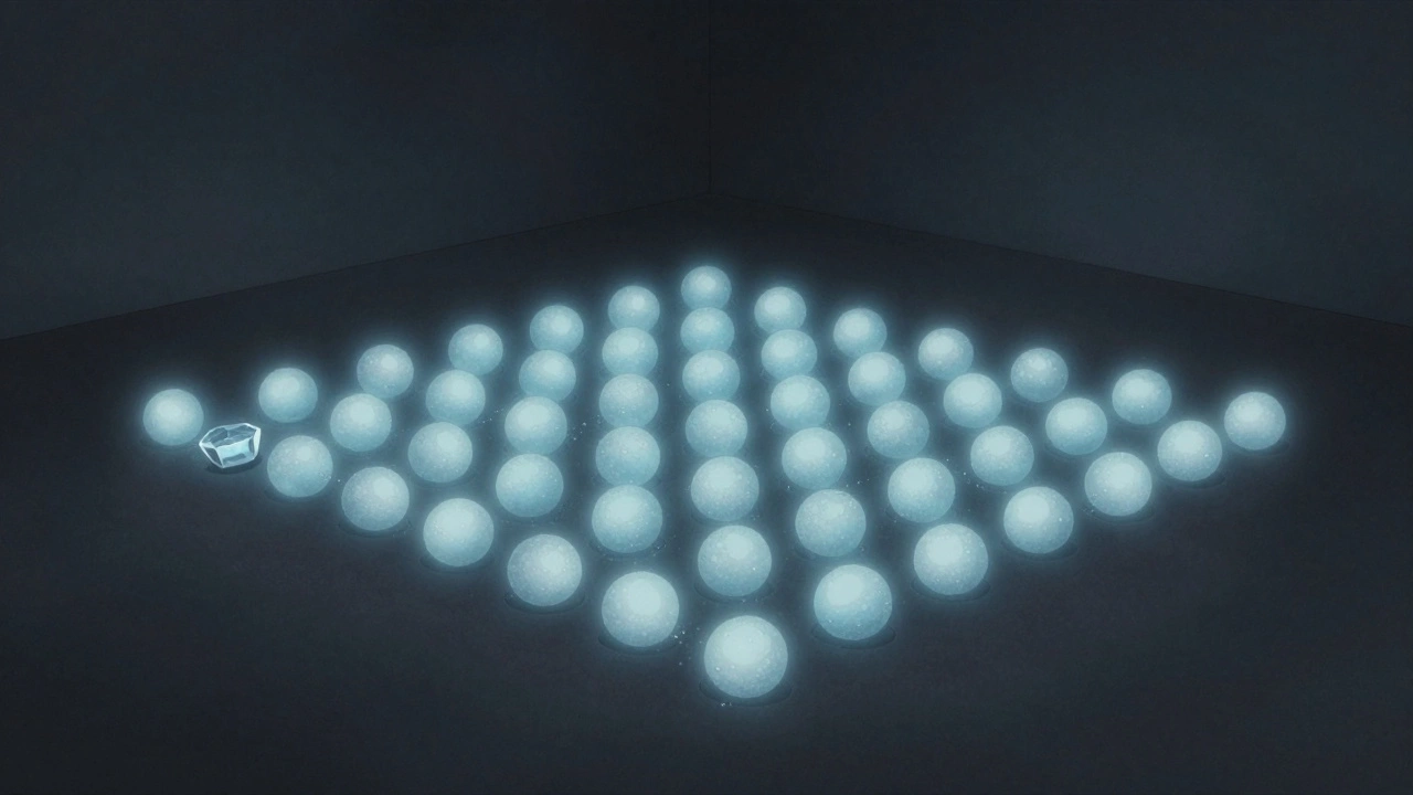 Glowing sugar molecules gently settling into smooth clusters, symbolizing perfect crystallization.