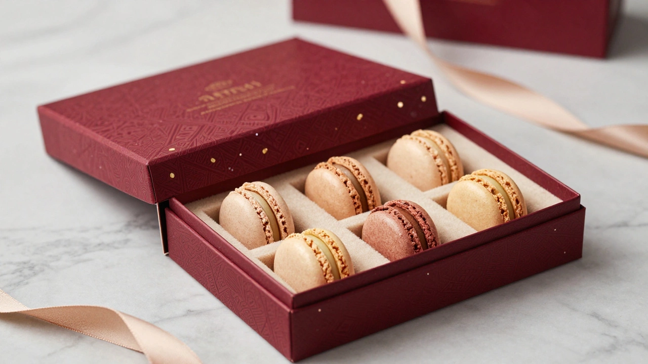 Open luxury gift box holding macarons lined with velvet on a marble counter