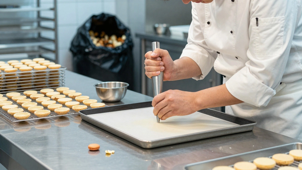 Pastry chef piping batter in a bakery with discarded cracked shells in background