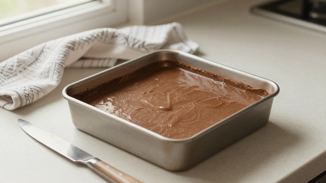 Set fudge in square pan with knife ready for cutting