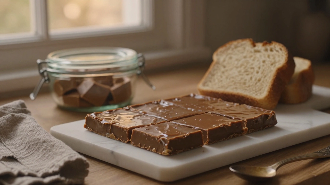 Smooth fudge squares beside a sealed container with a slice of bread to absorb moisture.
