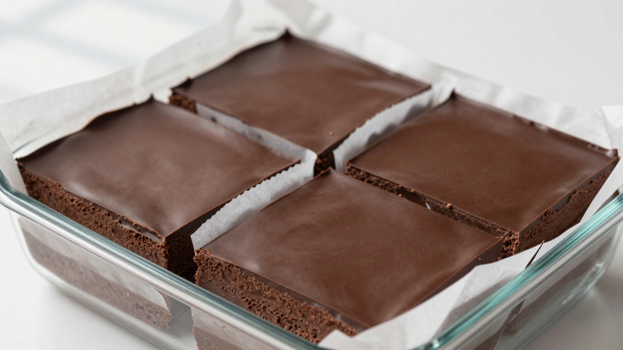 Stack of fudge squares in glass storage container