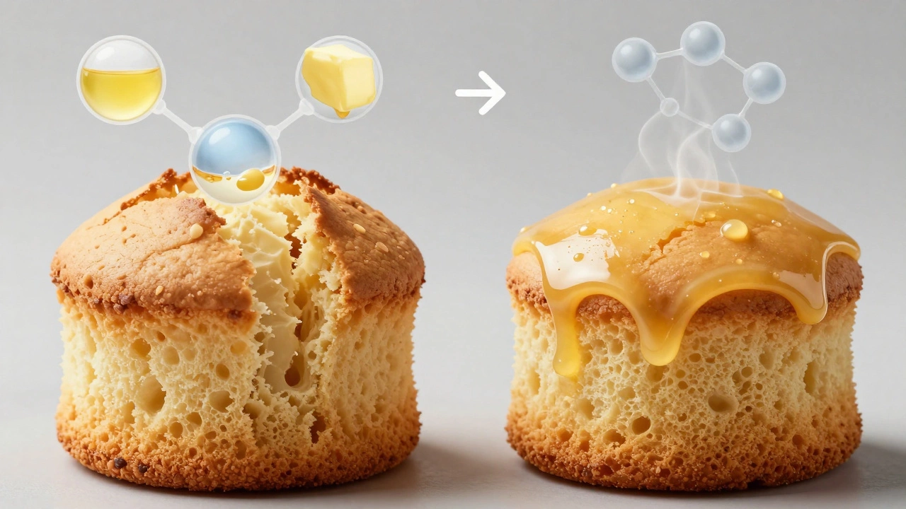 Two cakes side by side: one dry and cracked, the other soft and moist, with molecular visualization of fat and water behavior.
