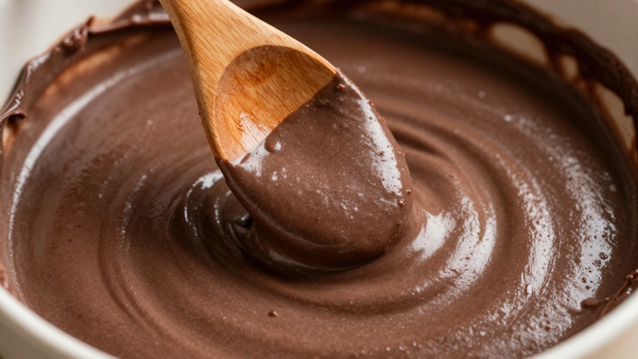 Wooden spoon stirring thick creamy chocolate fudge mixture