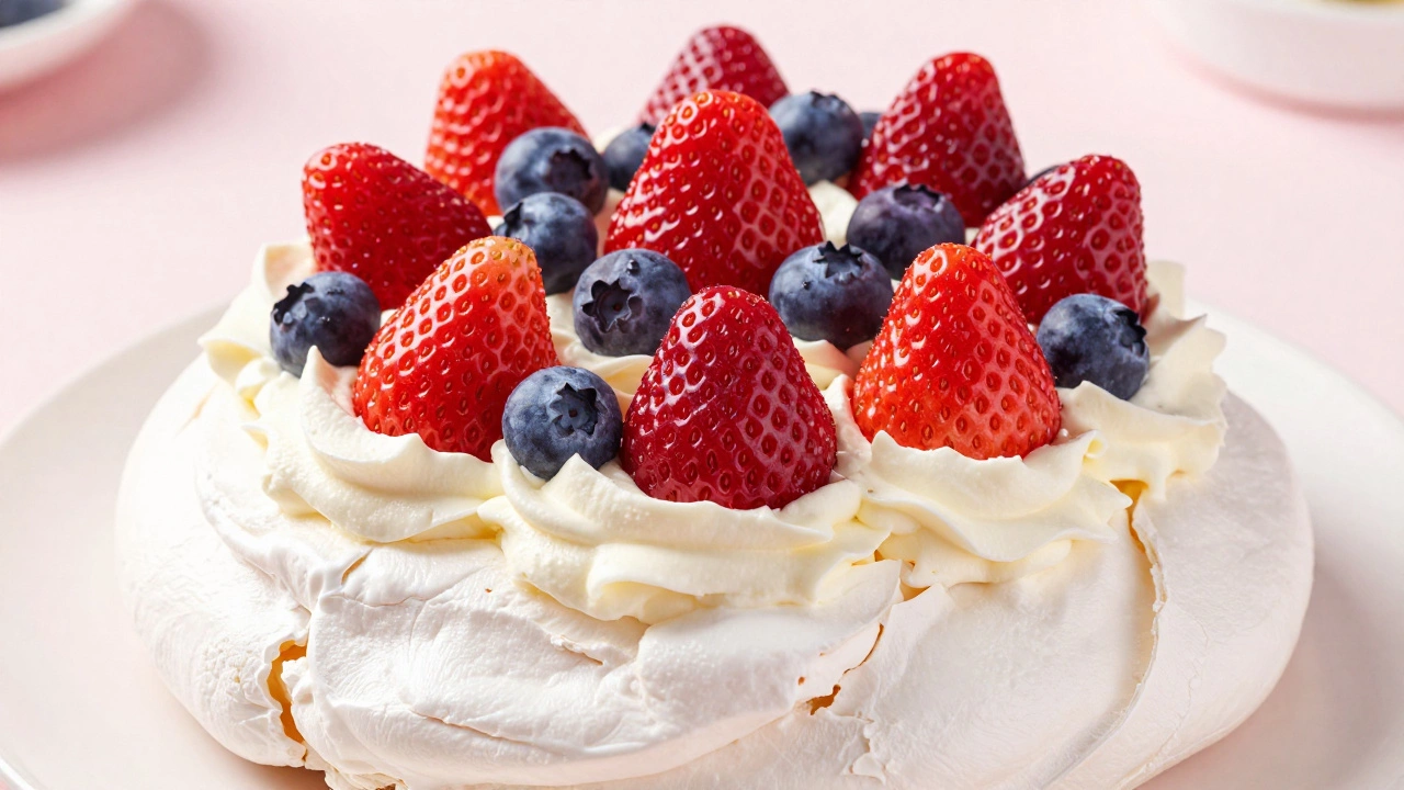 A finished Pavlova with stable whipped cream and fresh berries on a white base