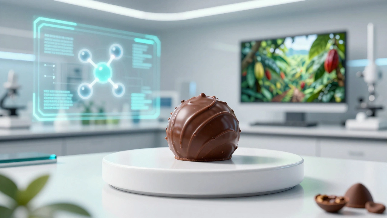 A gourmet vegan chocolate truffle in a futuristic food science laboratory setting.