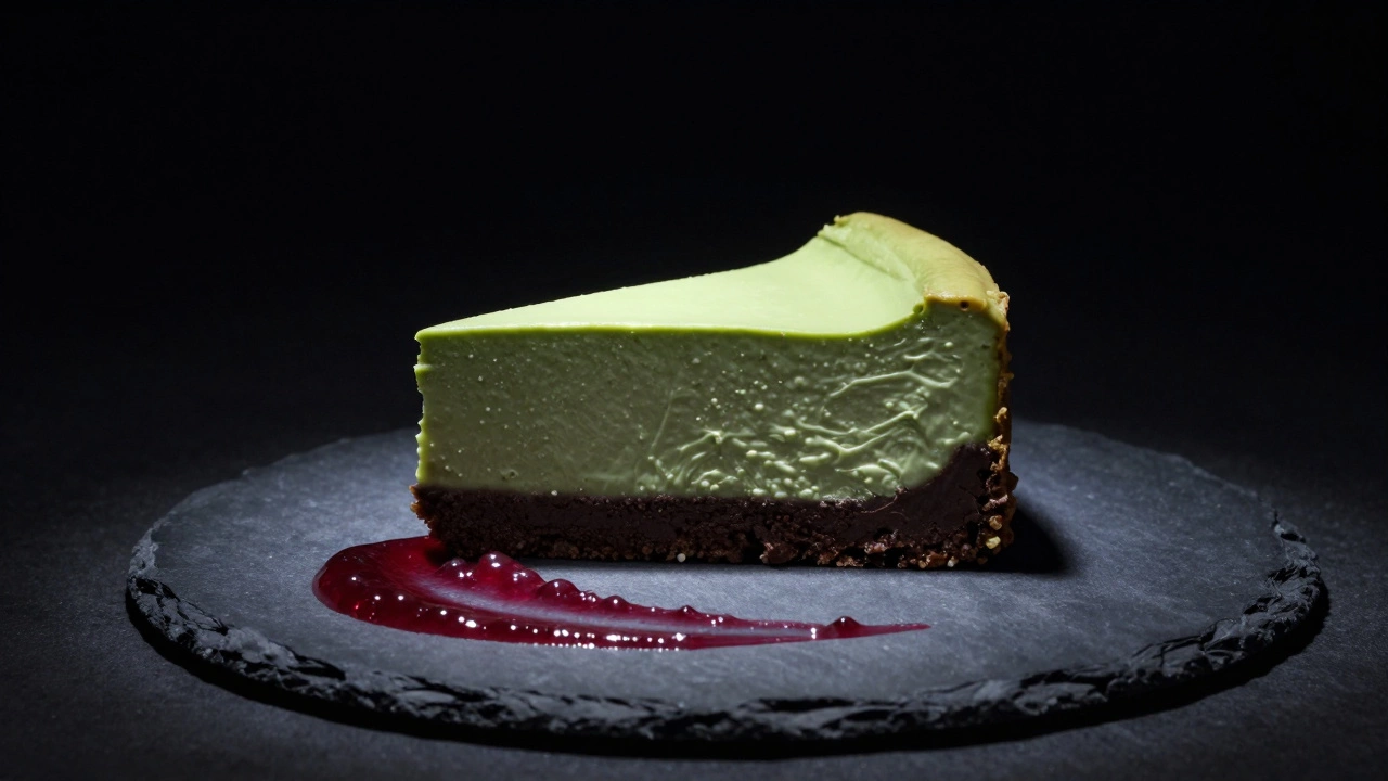 A modern fusion Matcha Cheesecake with a chocolate base and raspberry coulis swirl.
