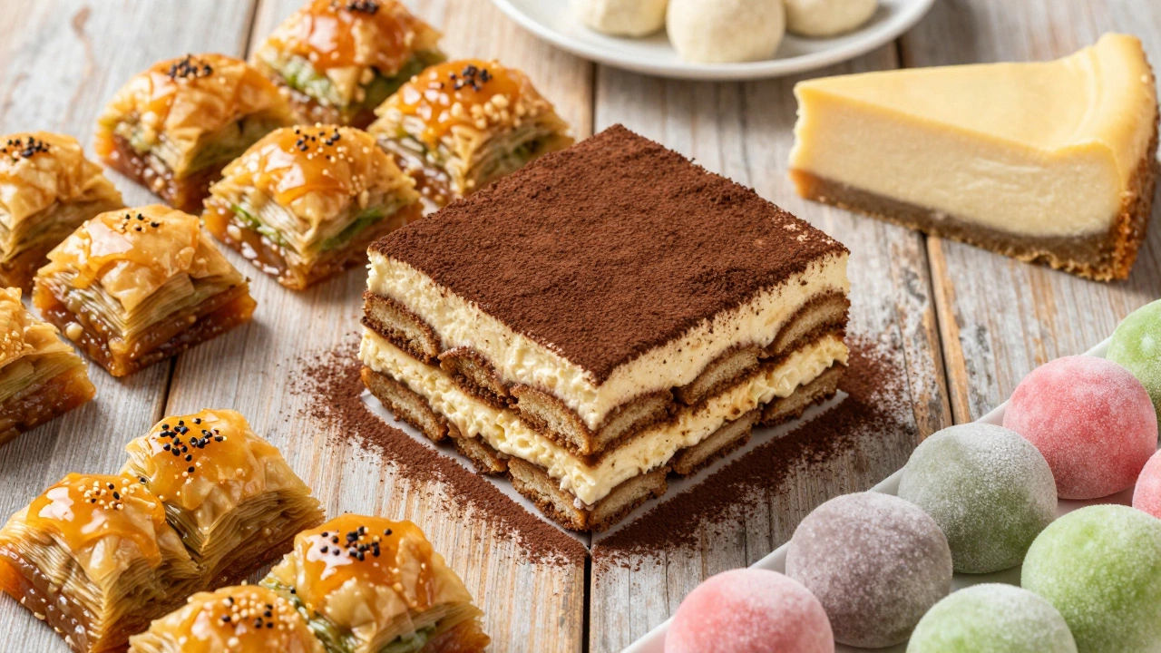A variety of global desserts including Tiramisu, Baklava, cheesecake, and Mochi on a wooden table.