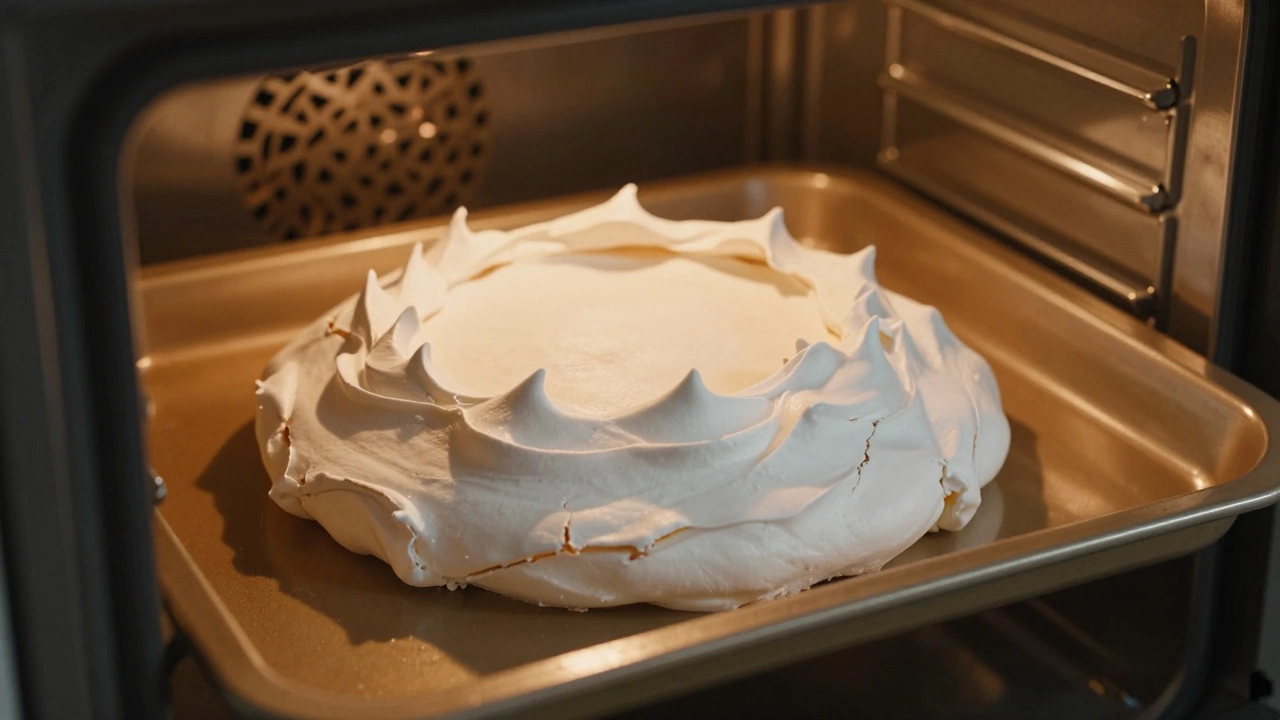 A white meringue shell cooling slowly inside a warm, dimly lit oven