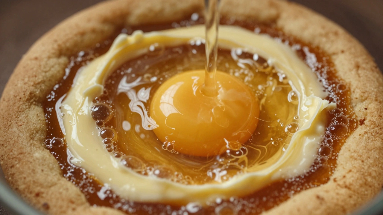 Close-up of butter, brown sugar, and an egg yolk being mixed together in a bowl