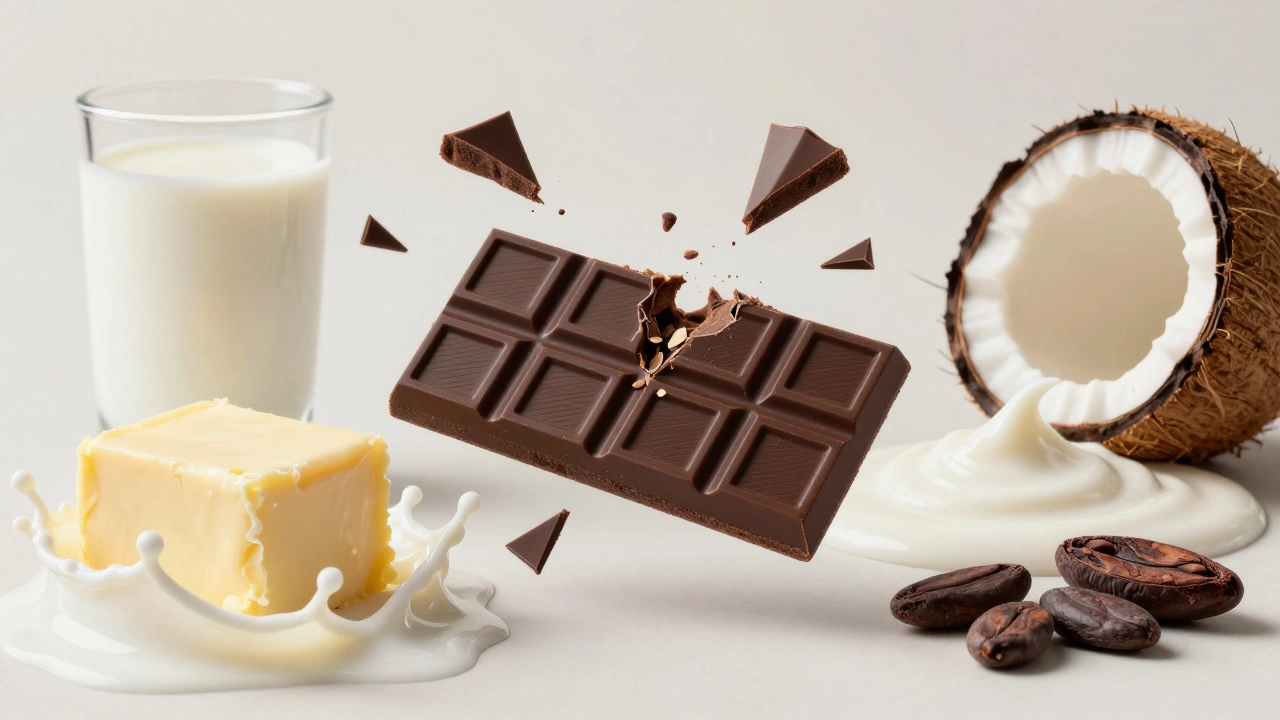 Comparison of dairy milk and butter versus oat milk and cacao beans with a chocolate bar.