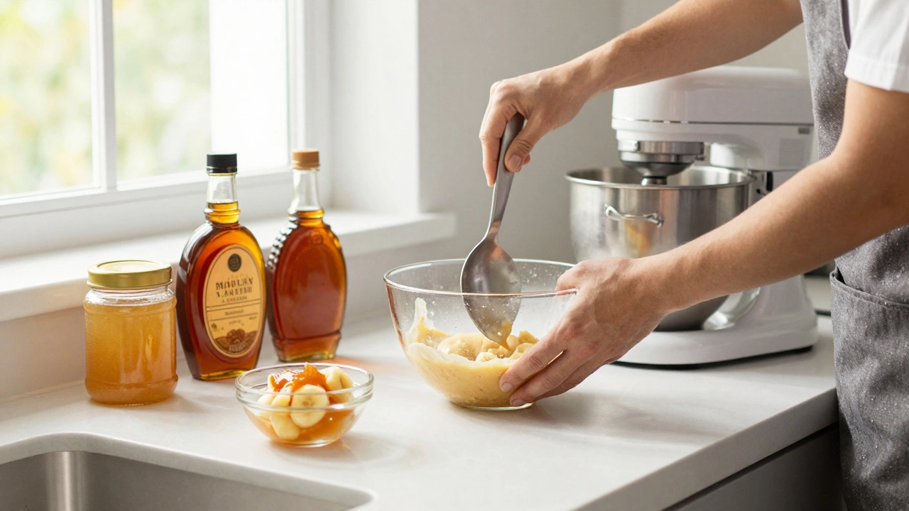 Baker preparing sugar-free cookie dough using honey and fruit substitutes.