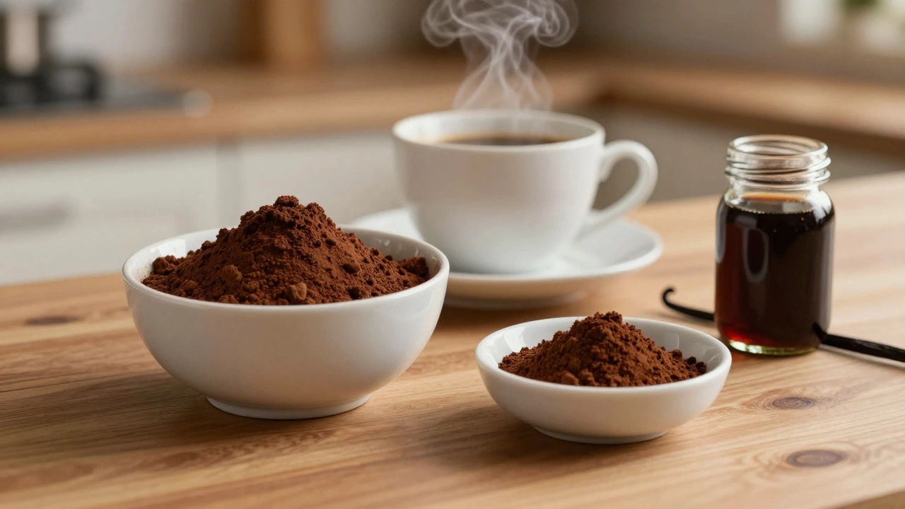Baking ingredients including cocoa, espresso, and vanilla extract