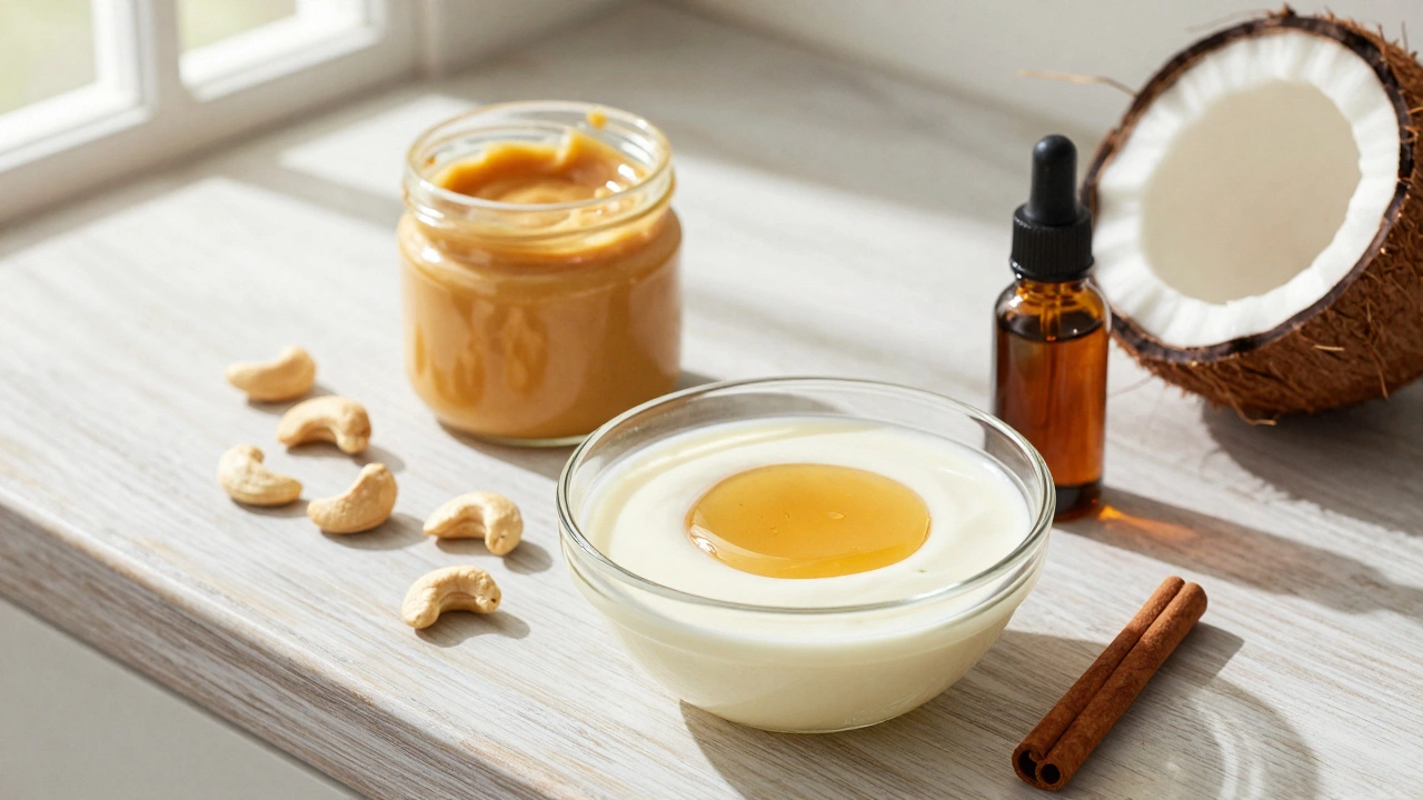 Bowl of coconut cream and maple syrup with cashews as healthy fudge alternative