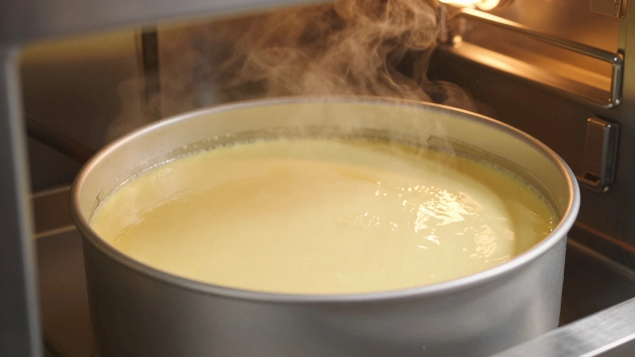 Cheesecake baking in an oven using a water bath method to ensure even cooking.
