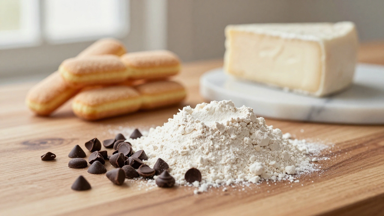 Close up of cookie ingredients vs expensive tiramisu components