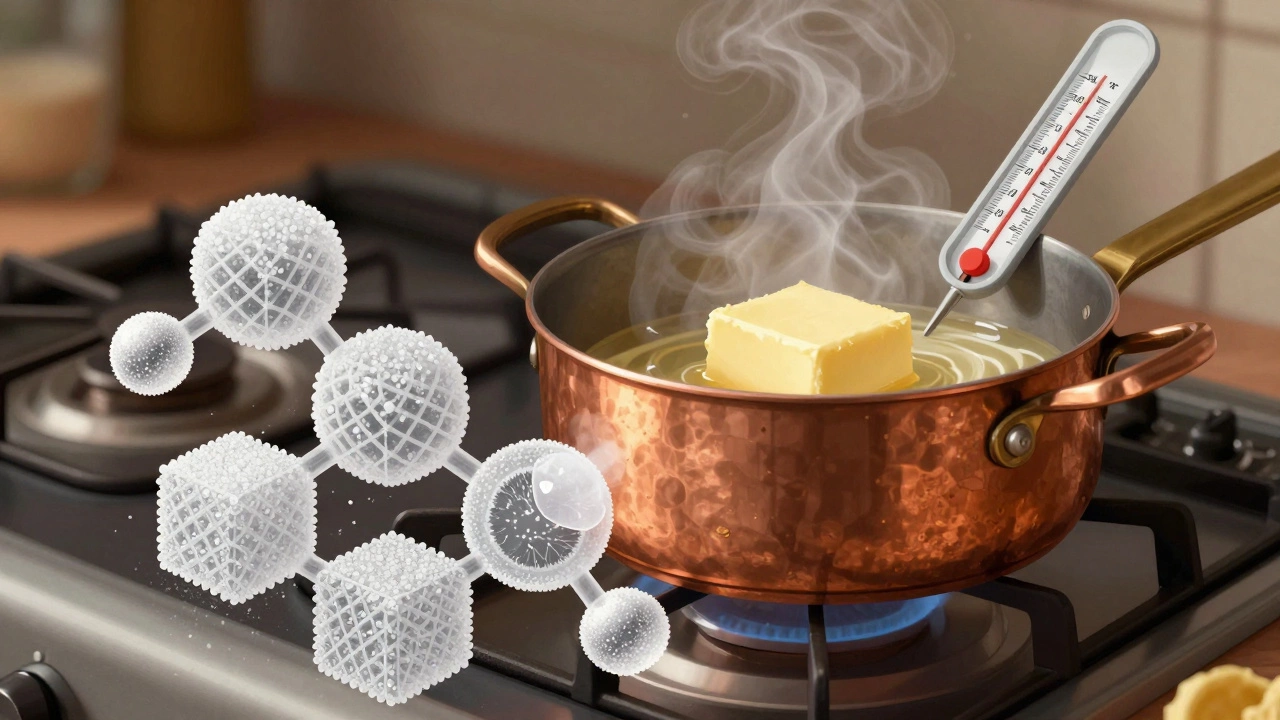 Copper pot with fudge mixture and molecular crystal diagram