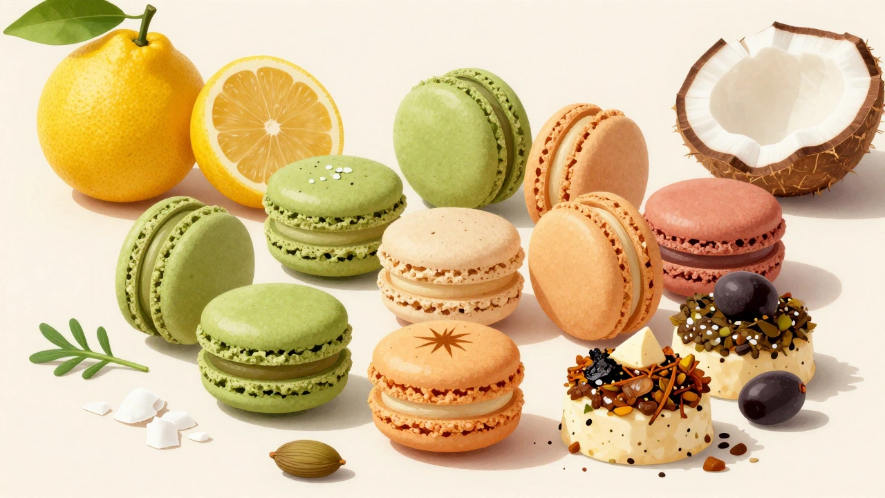 Global macaron varieties including matcha, saffron, and savory flavors
