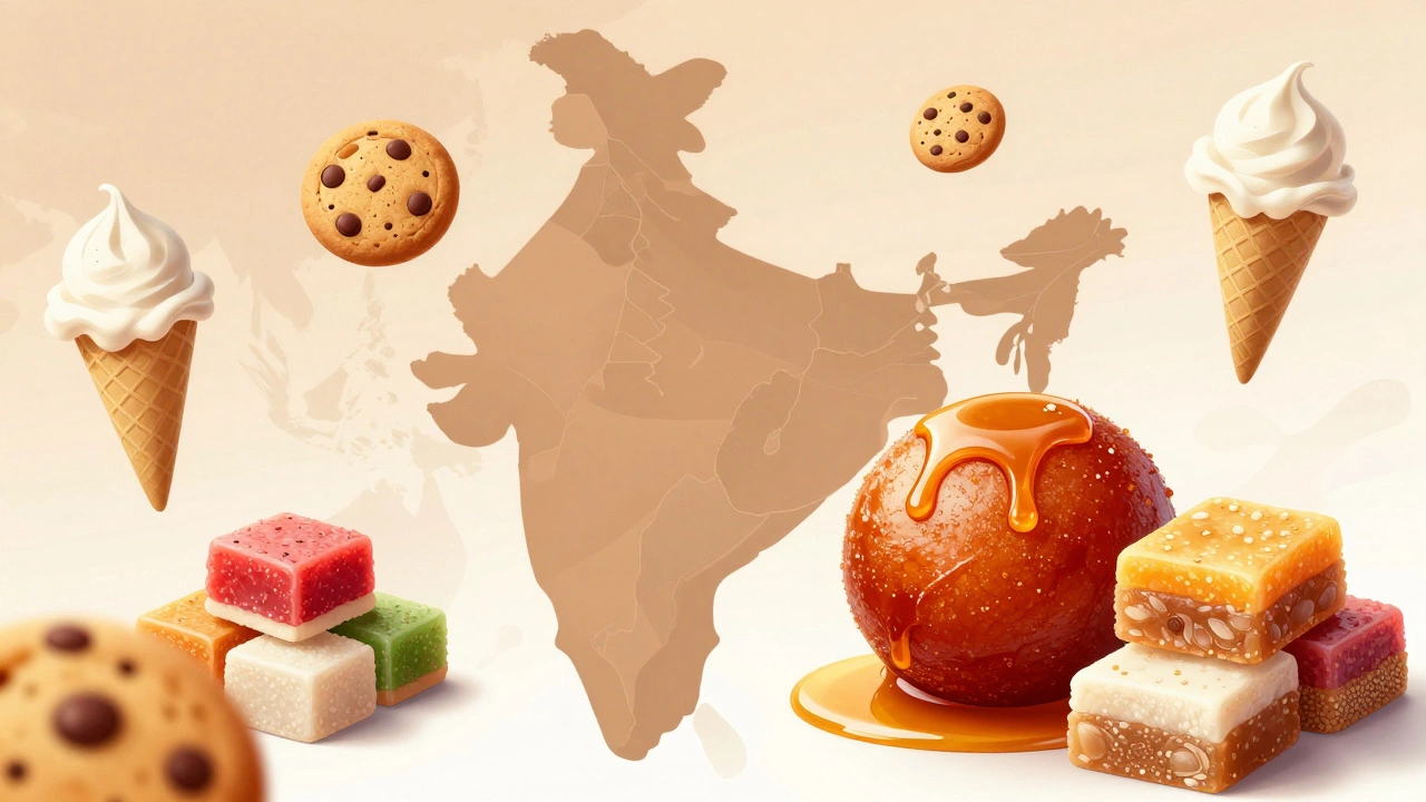 Illustration of Indian sweets like Gulab Jamun alongside global desserts