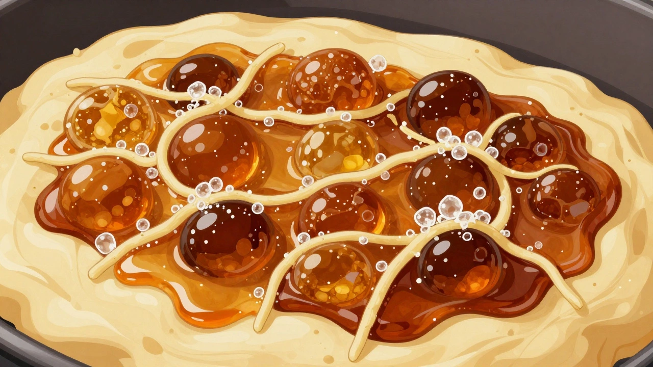 Illustration of sugar caramelization and gluten inhibition in cookie dough.