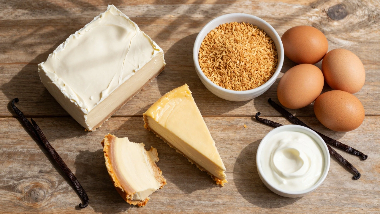 Ingredients for American cheesecake including cream cheese, graham crackers, and eggs.