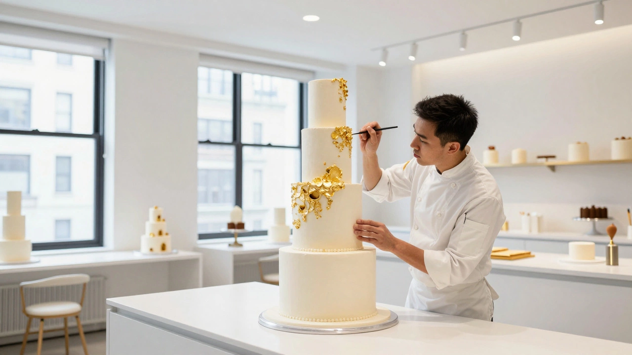 Pastry chef decorating a complex luxury cake in a modern atelier.
