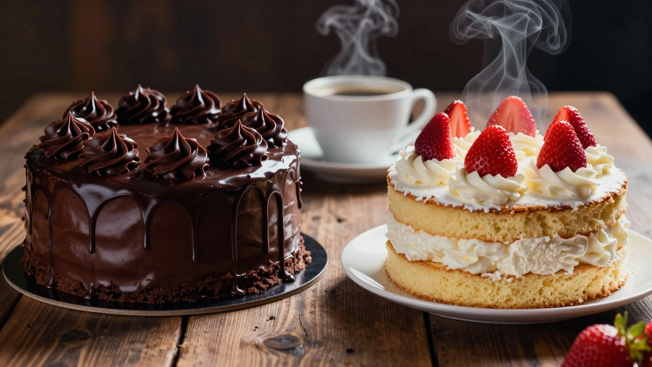 Rich chocolate cake and vanilla strawberry cake side by side on a wooden table