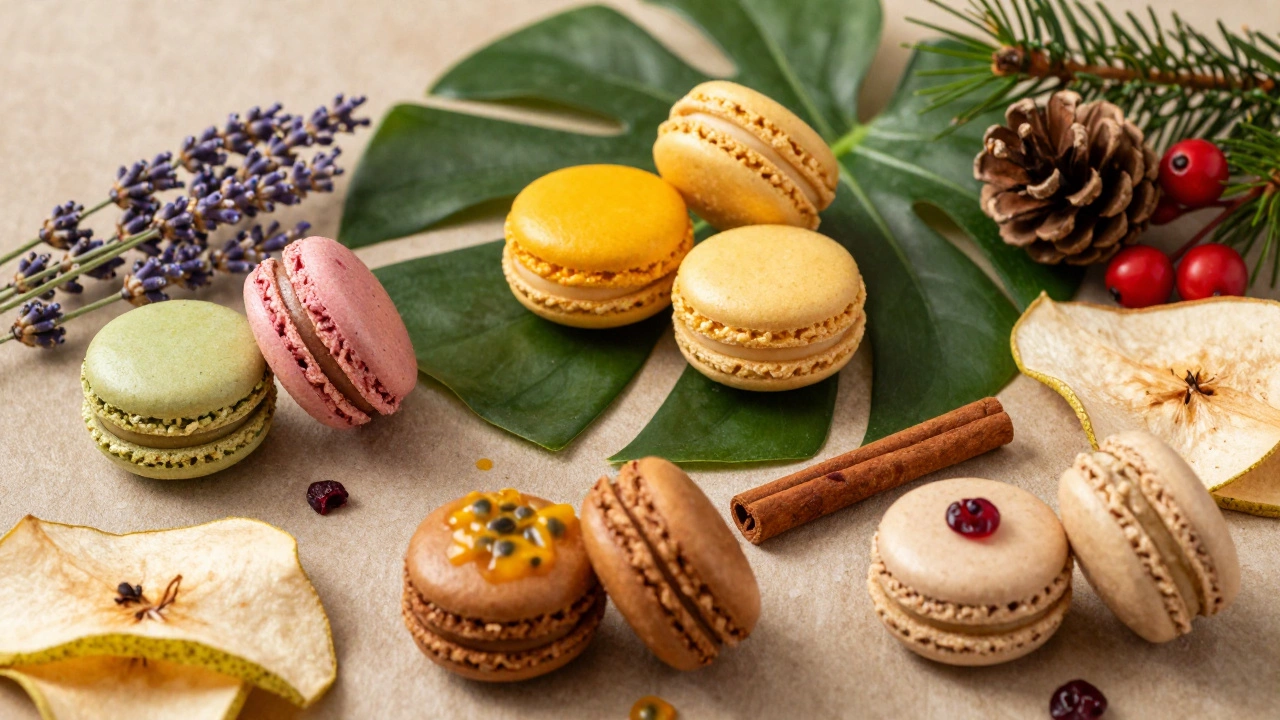Seasonal macarons with fruits and spices representing all four seasons