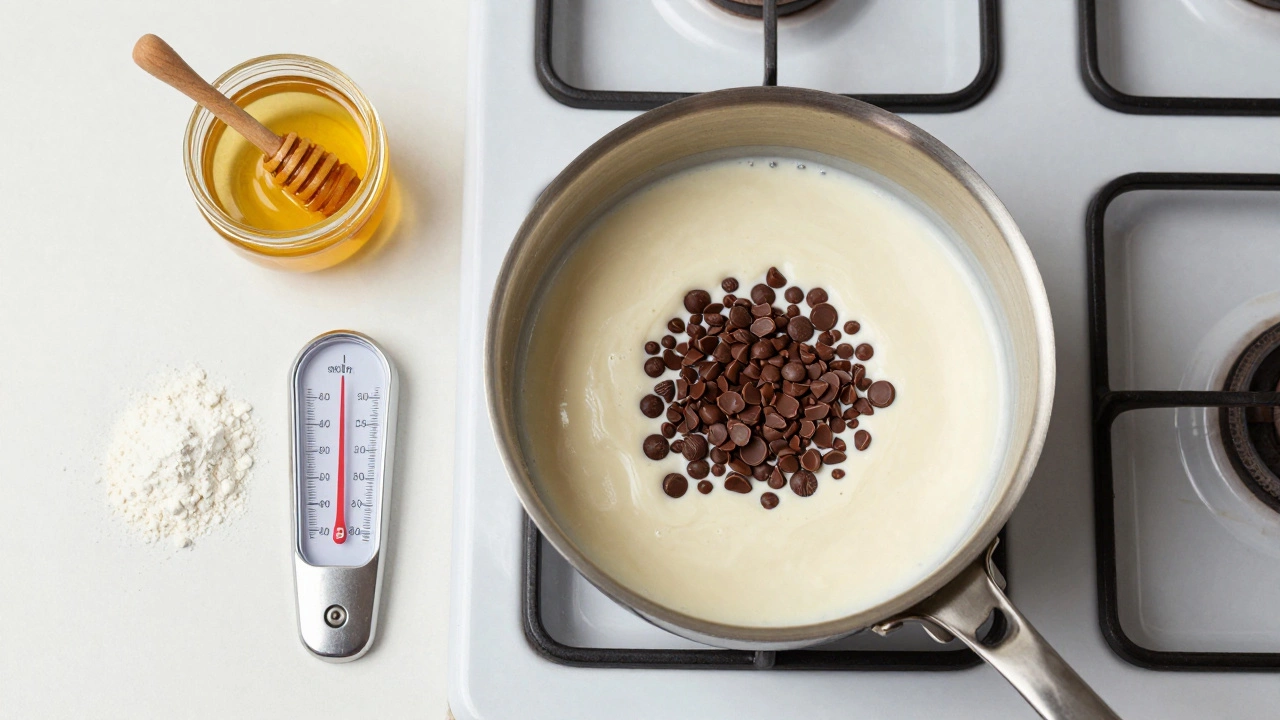 Simmering coconut cream and chocolate in saucepan with candy thermometer