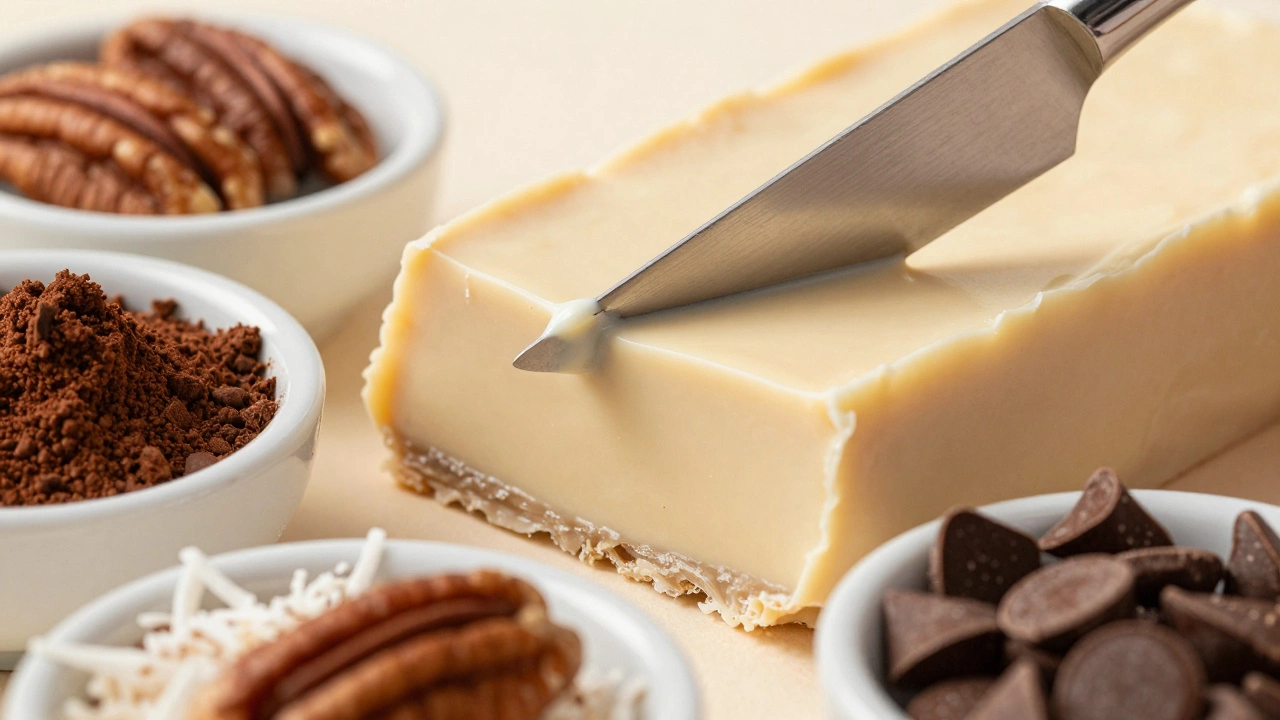 Sliced creamy fudge with cocoa, nuts, and chocolate chips
