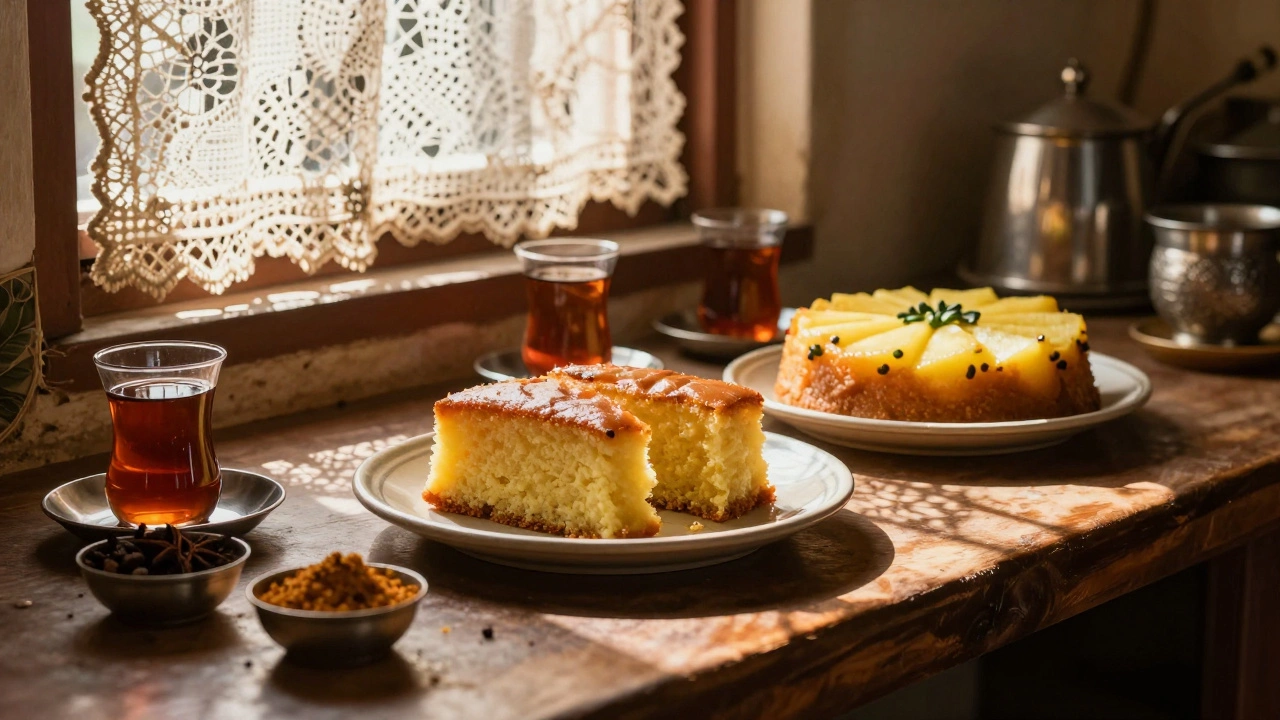 Traditional Indian butter cake and pineapple cake served on a sunny kitchen counter